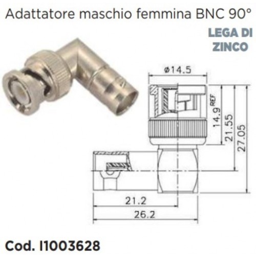 CONNETTORE ADATTATORE DA BNC FEMMINA A  BNC MASCHIO 90 GRADI