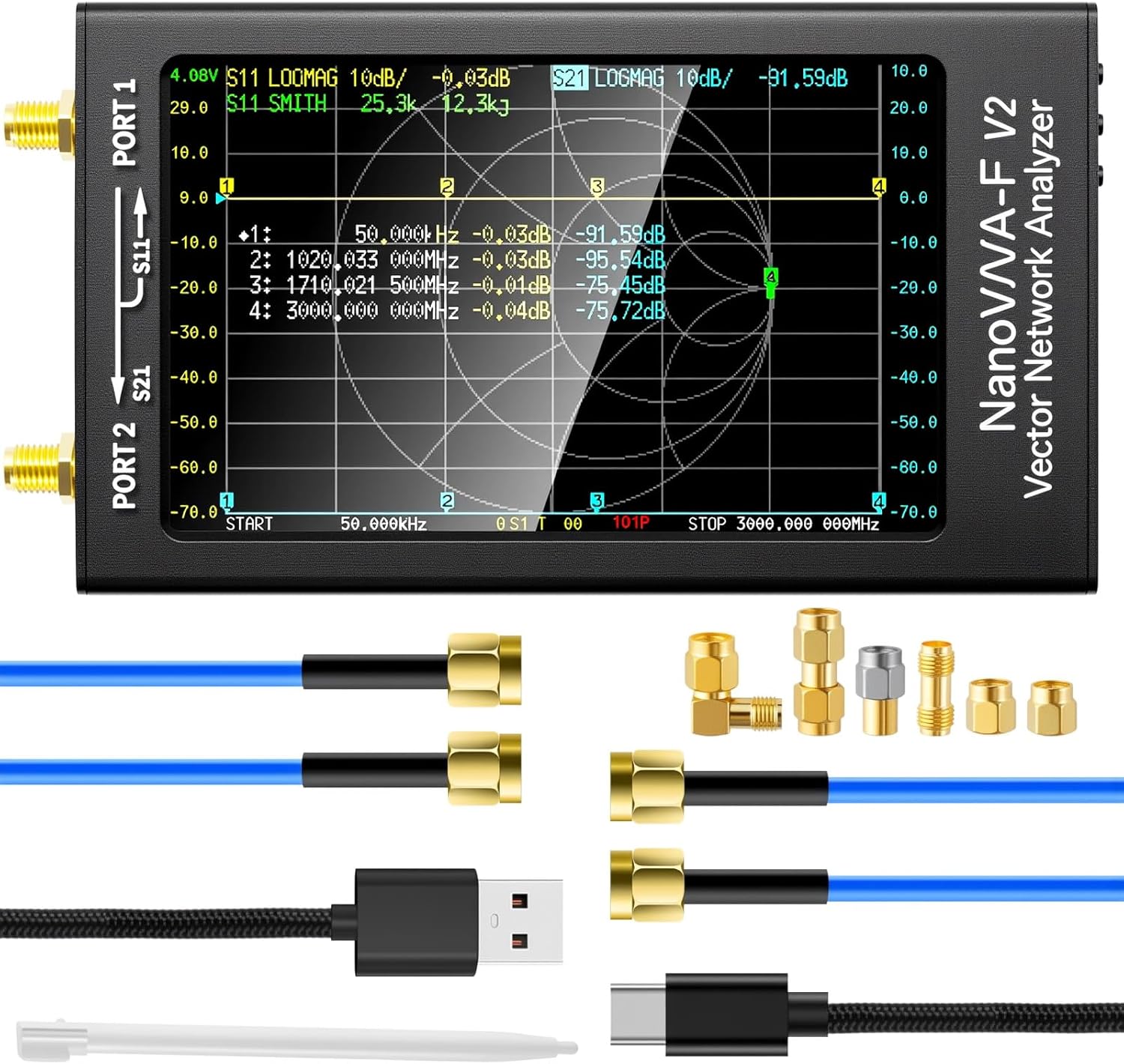 NanoVNA-F V2 Analizzatore di antenna Vettoriale 50KHz-3GHz HF VHF UHF VNA LCD da 4,3 Pollici