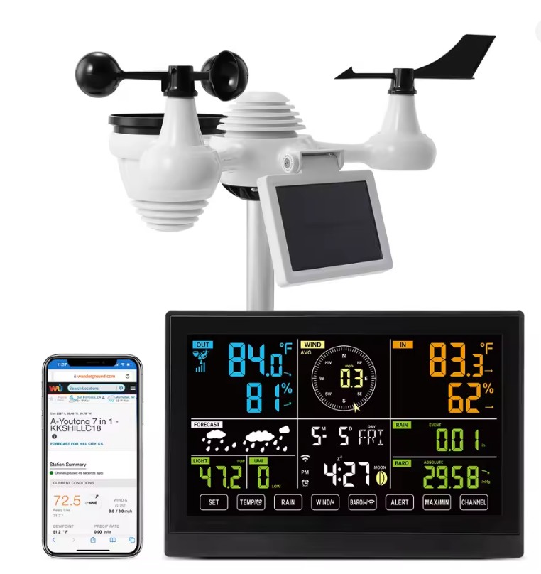 MGE Stazione Meteo Wi-Fi 7-in-1 Display a Colori da 7,5 Pollici Sensore Esterno Wireless Solare e Allarmi per Temperatura e Umidità