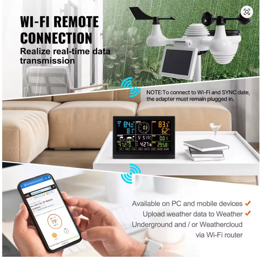 MGE Stazione Meteo Wi-Fi 7-in-1 Display a Colori da 7,5 Pollici Sensore Esterno Wireless Solare e Allarmi per Temperatura e Umidità - immagine 3